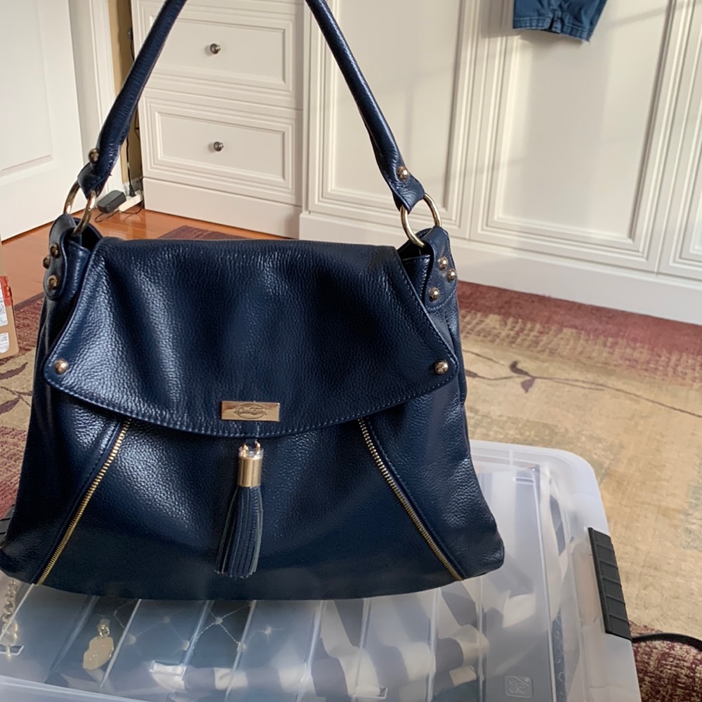 Onna Ehrlich Luxury zipper tassel soft leather handbag. New. Navy Blue